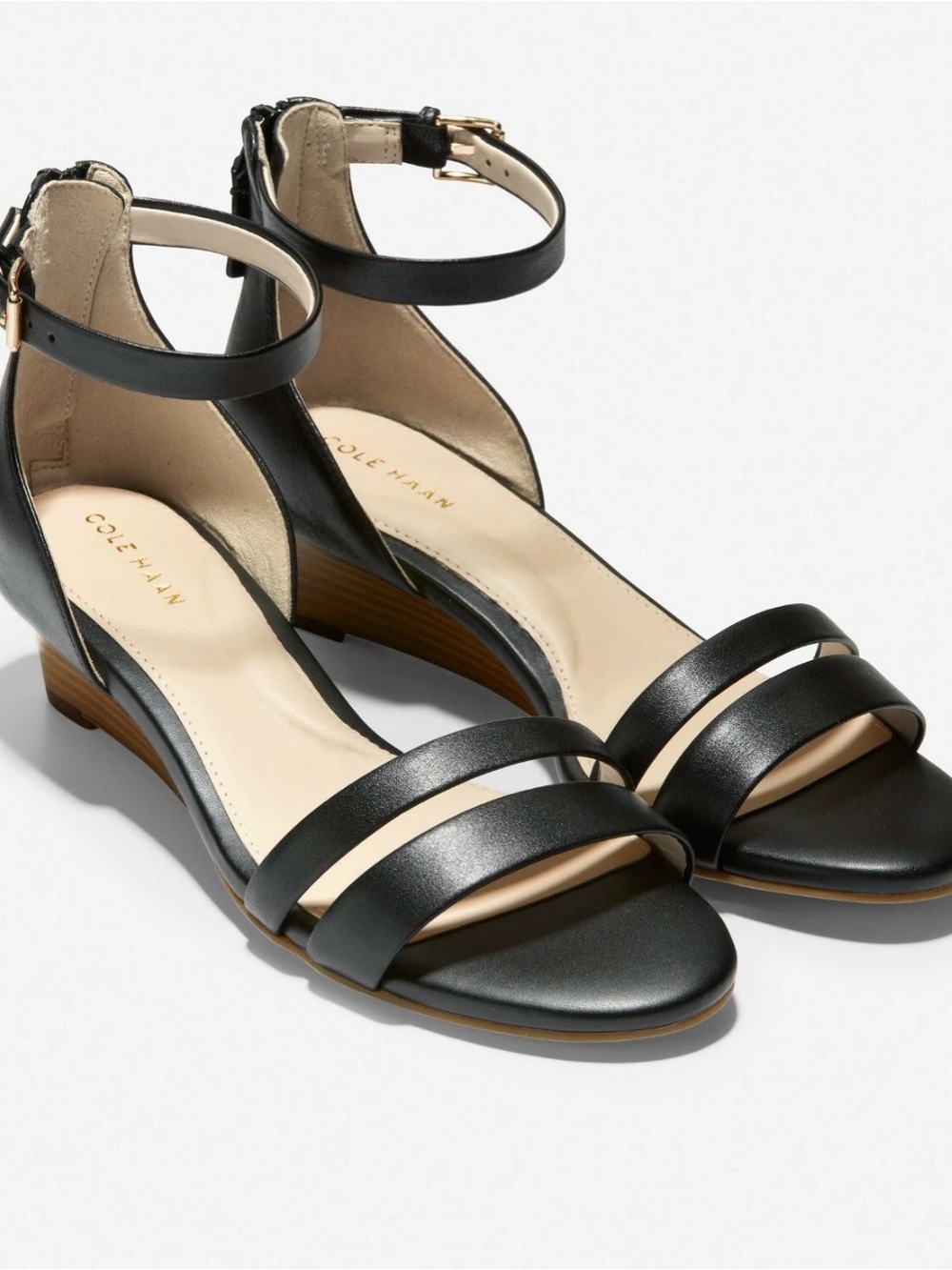 Size 7 Cole Haan Abriella Leather Wedge Sandals, W19578 Black